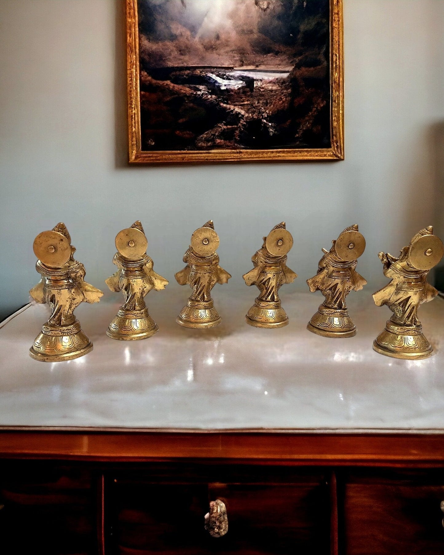 Pure Brass Set of 6 Musician Ganesha Idols Showpieces | Handcrafted Decor 6 inch