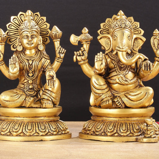 Pure Brass Superfine Ganesha Lakshmi Idols - Exquisite 8-Inch pair