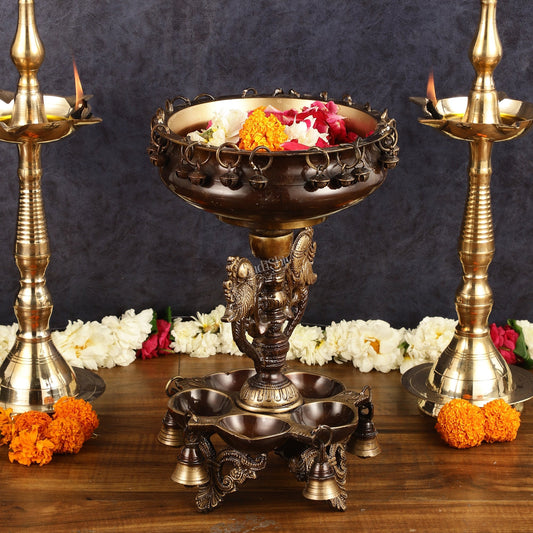 Pure Brass Urli with Stand Diyas - Antique Finish | 13 Inch