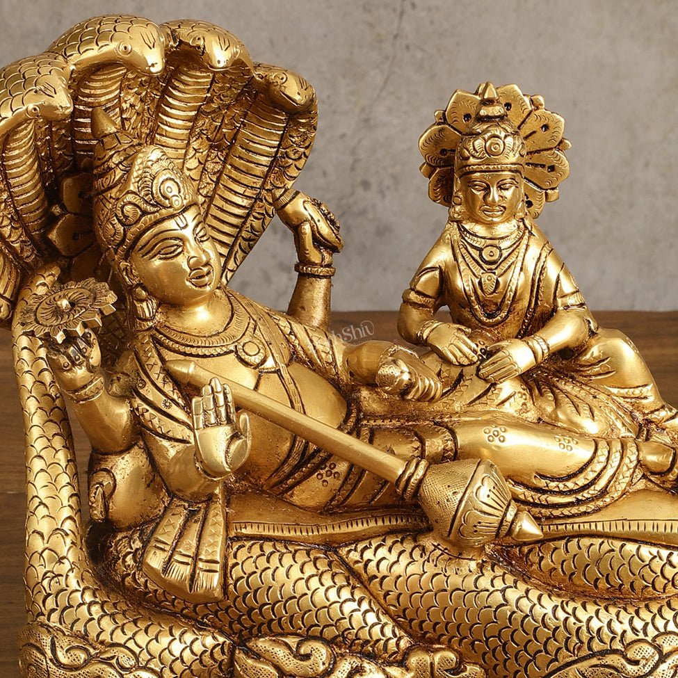 Pure Brass Vishnu Lakshmi Narayan Resting on Sheshanaaga Idol - 7 Inch
