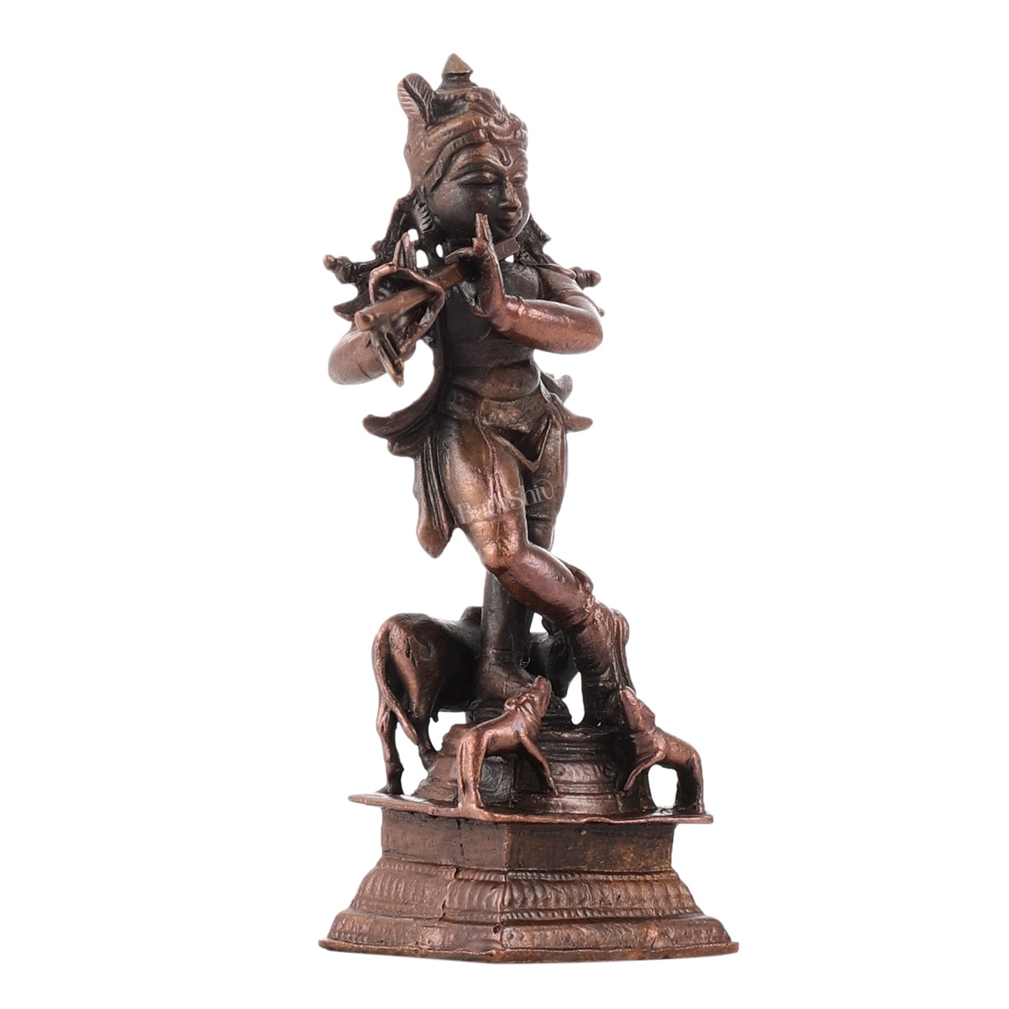 Pure Copper Lord Krishna with Cow Idol | Height 4.5 inch | BudhShiv Brass Handicrafts