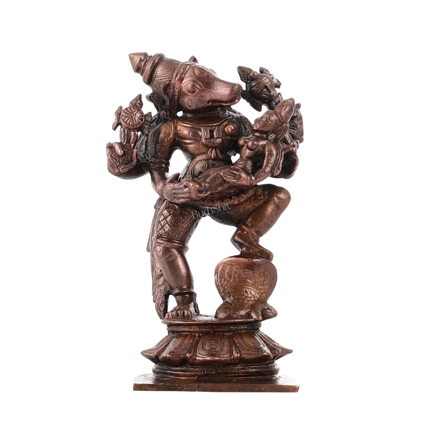 Pure Copper Varaha with Lakshmi Bhoomi Devi Idol | Height 3.5 inch | BudhShiv Brass Handicrafts