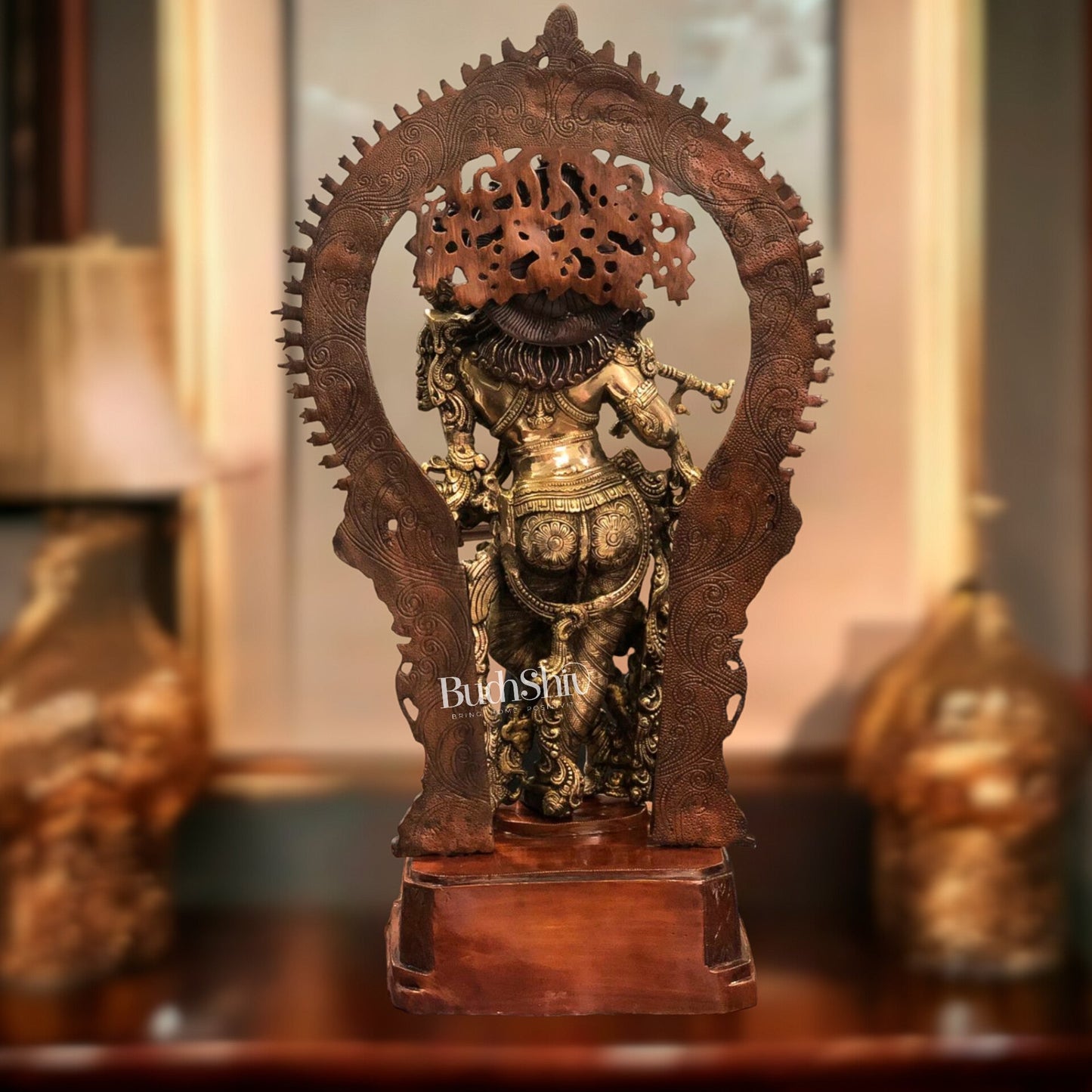 Pure Superfine Brass Krishna Statue | Embossed Large Prabhavali Frame | 32 Inch
