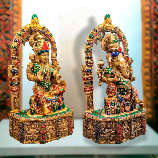 Sacred Harmony: Brass Ganesha and Lakshmi statue pair 20"