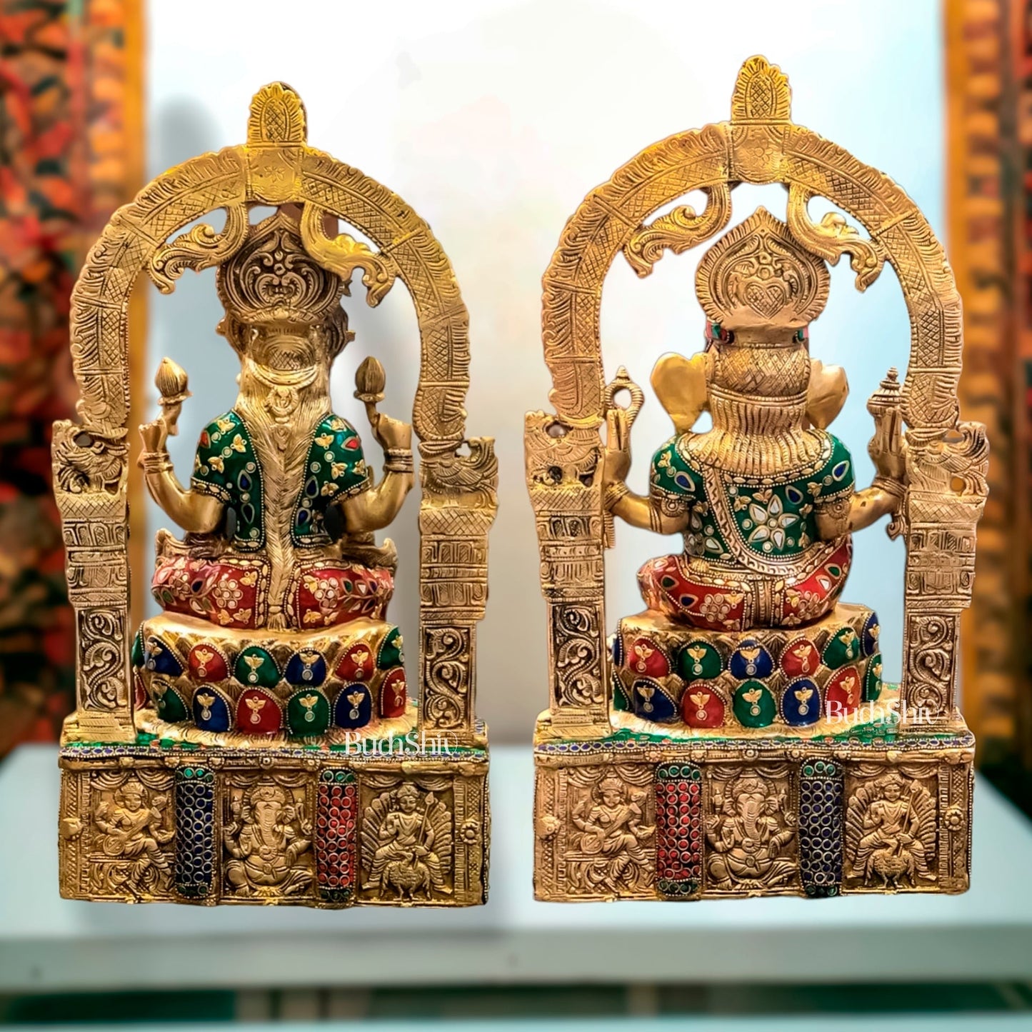 Sacred Harmony: Brass Ganesha and Lakshmi statue pair 20"