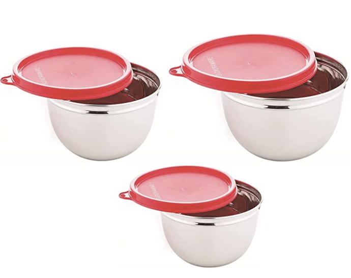 Signoraware Mixing Stainless Steel Bowl (500 Ml/1000 Ml/1350 Ml, Set of 3, Red)