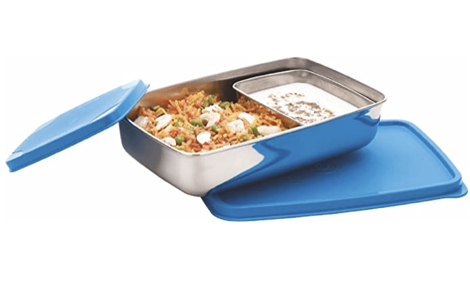 Signoraware Stainless Steel Compact Small Steel Lunch Box (150ml+550ml Compartments with Airtight Lid, Set of 2 | Blue)