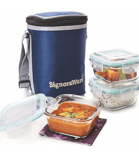 Signoraware Director High Microwave Safe Office Lunch Box Set with Bag | Borosilicate Glass | Safety Lock Airtight Tiffin Containers (Set of 3 – 320ml+320ml +320ml | Transparent)