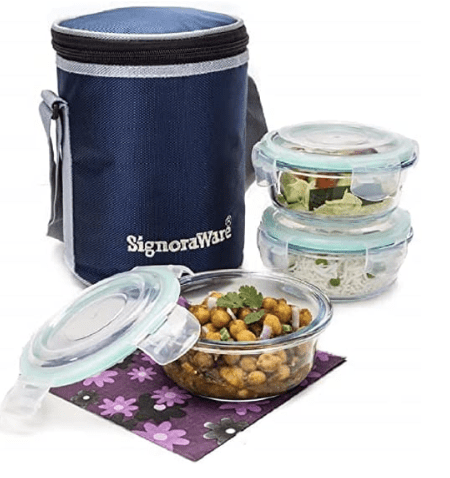 SignoraWare Executive High Microwave Safe Office Lunch Box Set with Bag | Borosilicate Glass | Safety Lock Airtight Tiffin Containers (Set of 3 – 400ml+400ml +400ml | Transparent)