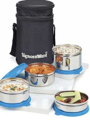 Signoraware Executive Stainless Steel Lunch Box Set 4 with bag | Stainless-Steel Leak-Proof Containers | Full Meal Boxes (Container Size 200mlx1 | 350mlx2 | 500mlx1 | Blue)