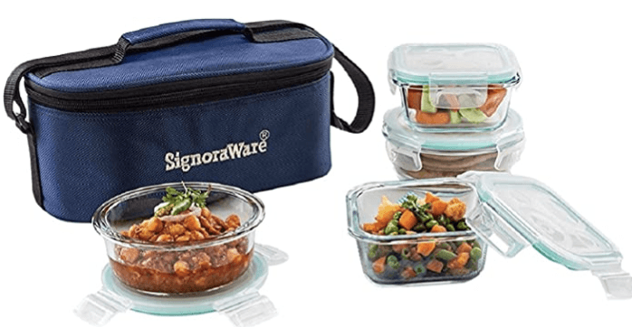 Signoraware Double Decker High Borosilicate Bakeware Safe Glass Lunch Box,Set of 4, 400ml+400ml+320ml+320ml, Clear