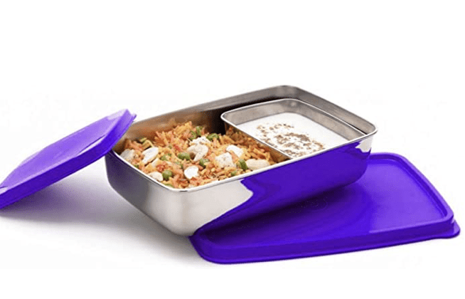Signoraware Stainless Steel Compact Small Steel Lunch Box (150ml+550ml Compartments with Airtight Lid, Set of 2 | Violet)
