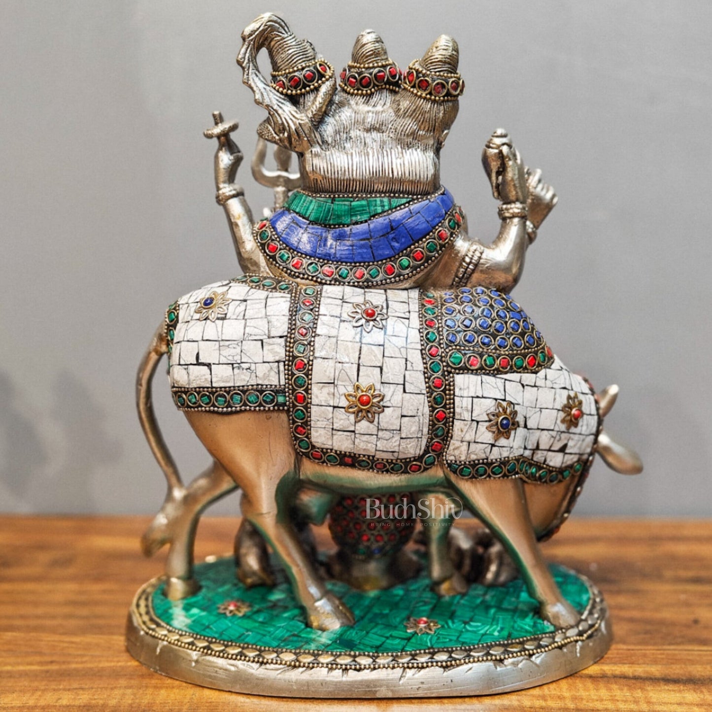 Silver plated Three faced Dattatreya guru with a cow and four dogs large sized 11 inches