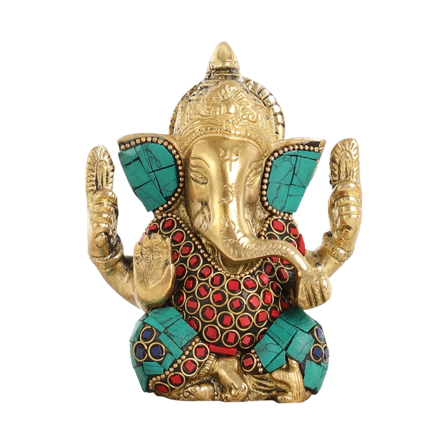 Small Pure Brass Lord Ganesha Idol with Stonework - 5 Inch