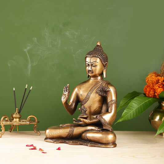 Smooth Matte Gold Brass Buddha Statue in Abhaya Mudra | 10.5-inch