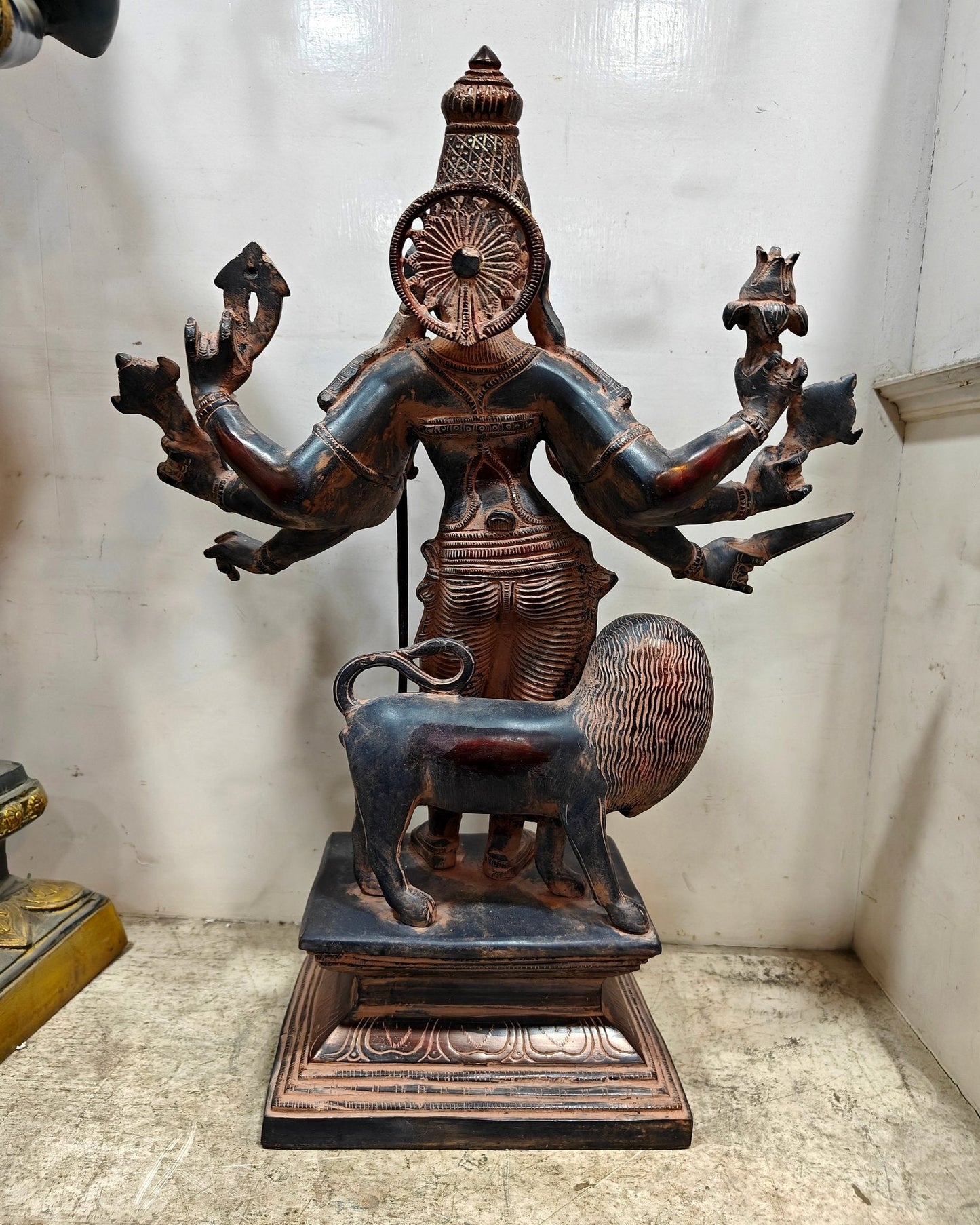 Standing Durga Brass idol with 8 arms and lion 18 inch antique
