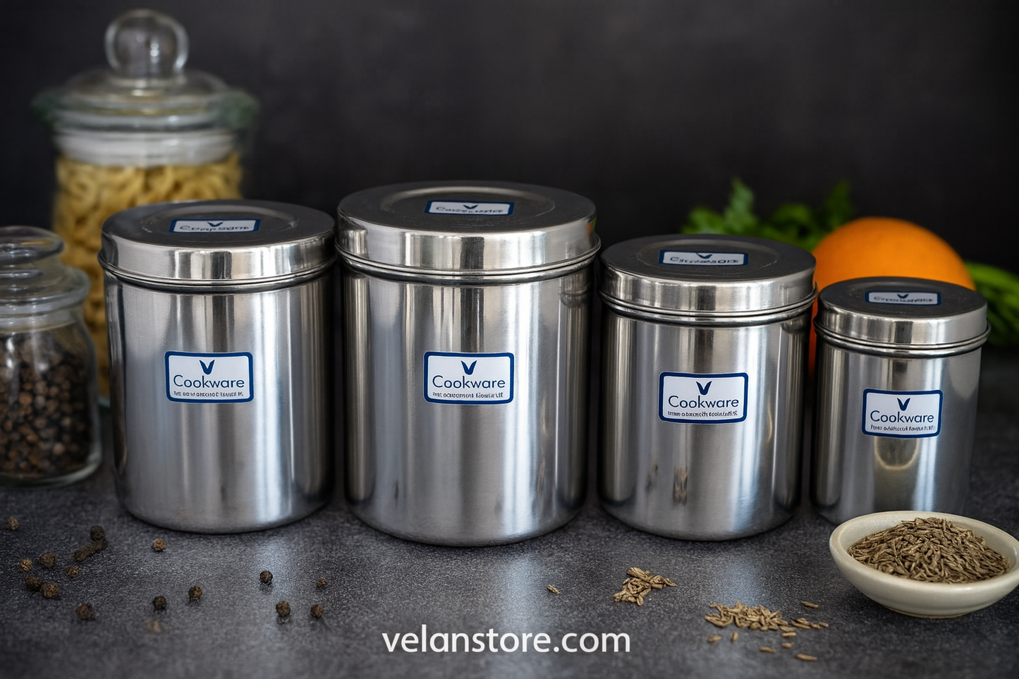 Vcookware துருப்பிடிக்காத எஃகு சேமிப்பு கொள்கலன் தொகுப்பு - காற்று புகாத & நீடித்த சமையலறை கேனிஸ்டர்கள்