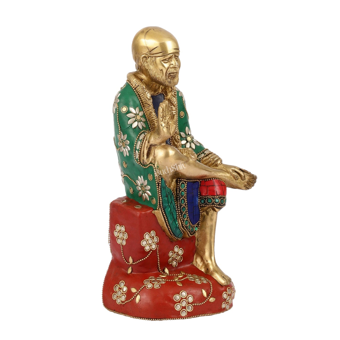 Superfine 10.5-Inch Brass Shirdi Sai Baba Idol with Stonework