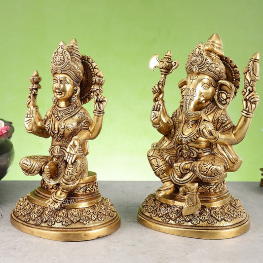 Superfine Brass Ganesh Lakshmi Idols with Intricate Carvings | 12" Butter Gold