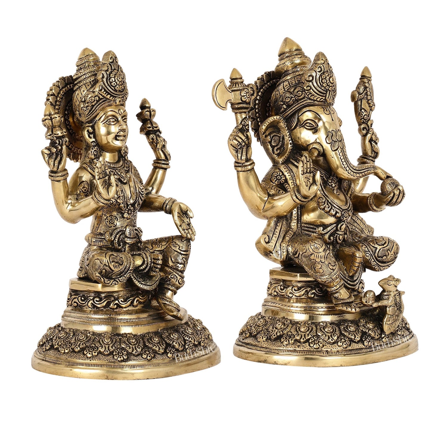 Superfine Brass Ganesh Lakshmi Idols with Intricate Carvings | 12" Height