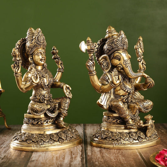 Superfine Brass Ganesh Lakshmi Idols with Intricate Carvings | 12" Height
