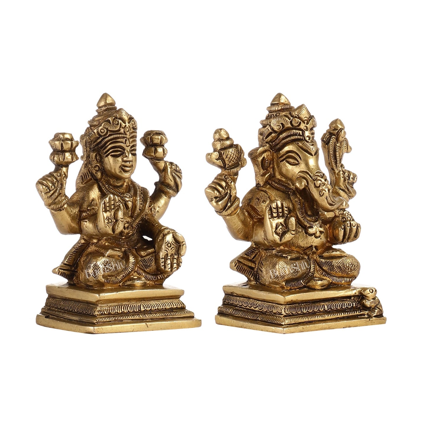 Superfine Brass Ganesha and Lakshmi Idols Pair | Height 3.5 inch