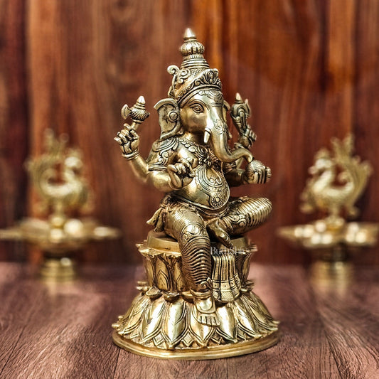 Superfine Brass Ganesha Statue - Golden Tone, 14.5" Height