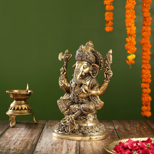 Superfine Brass Ganesha Statue with Intricate Carvings | 12" Height