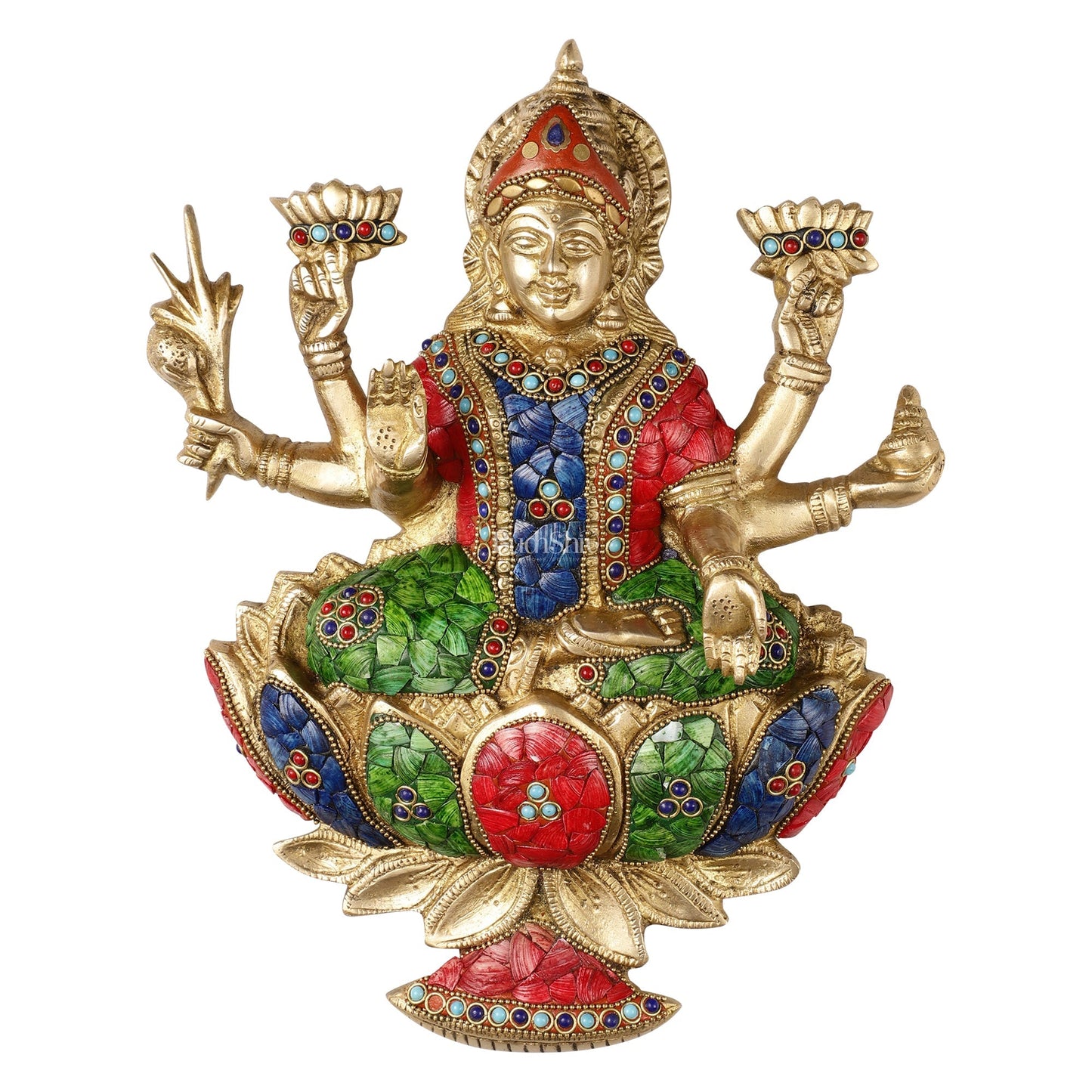 Superfine Brass goddess Lakshmi Seated on a Lotus Wall Hanging Stonework - 12 inch