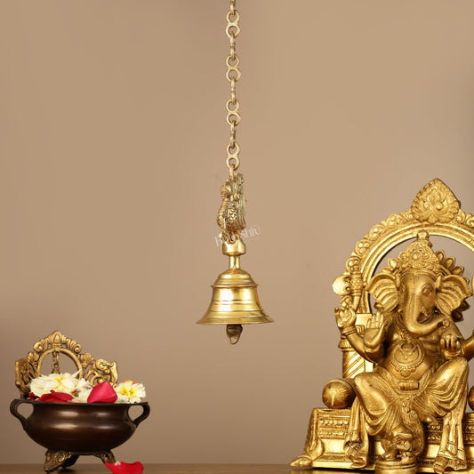 Superfine Brass Hanging Peacock Temple Bell - 7.5 Inch with 20-Inch Chain