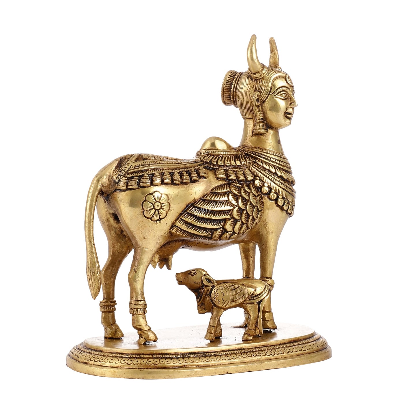 Superfine Brass Kamdhenu Cow with Calf Idol | Height 8.5 inch