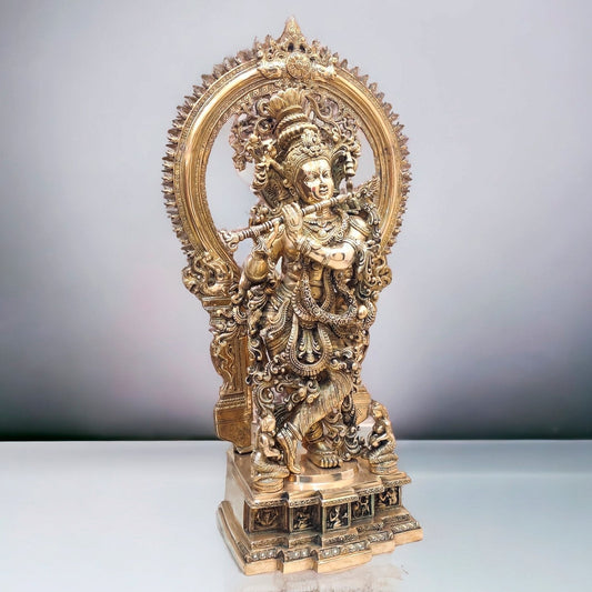 Superfine Brass Krishna Statue | Embossed Prabhaval 32"