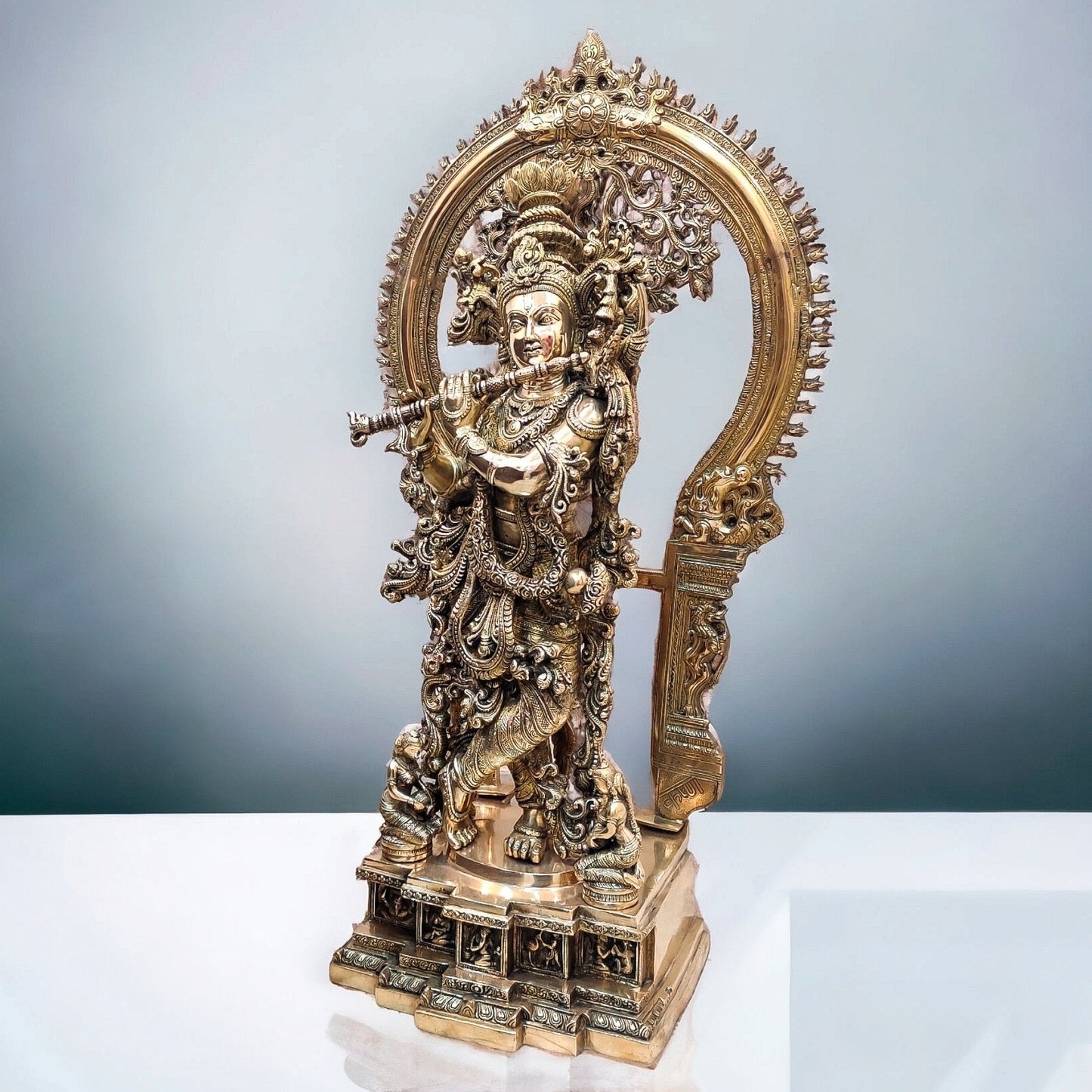 Superfine Brass Krishna Statue | Embossed Prabhaval 32"