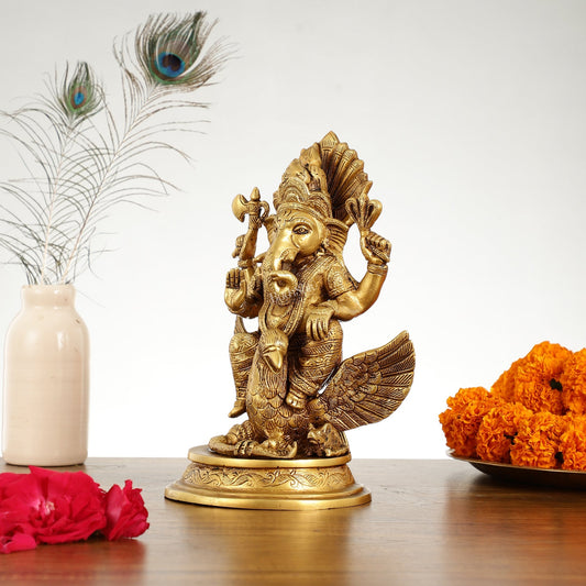 Superfine Brass Lord Ganesha Seated on Garuda - 10 inch