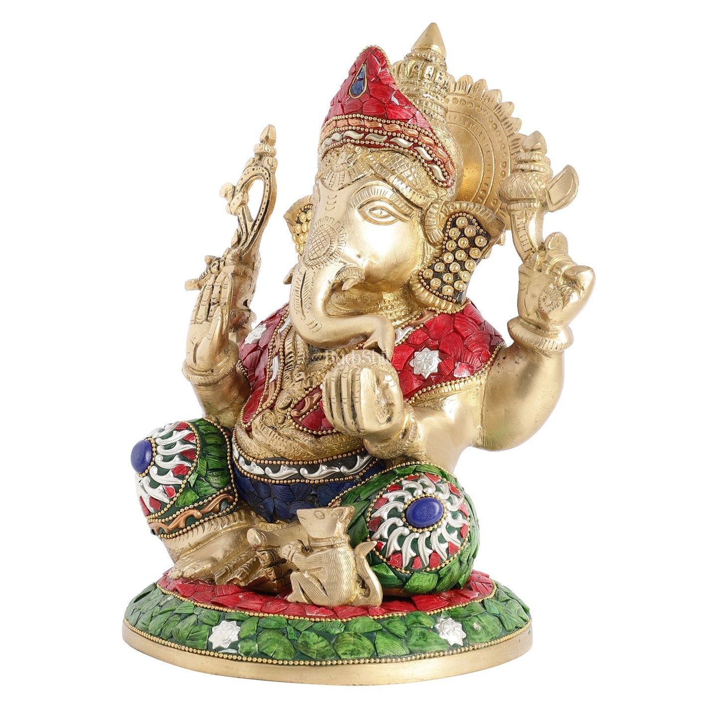 Superfine Brass Lord Ganesha with Stonework Idol Murti Statue - 12 inch