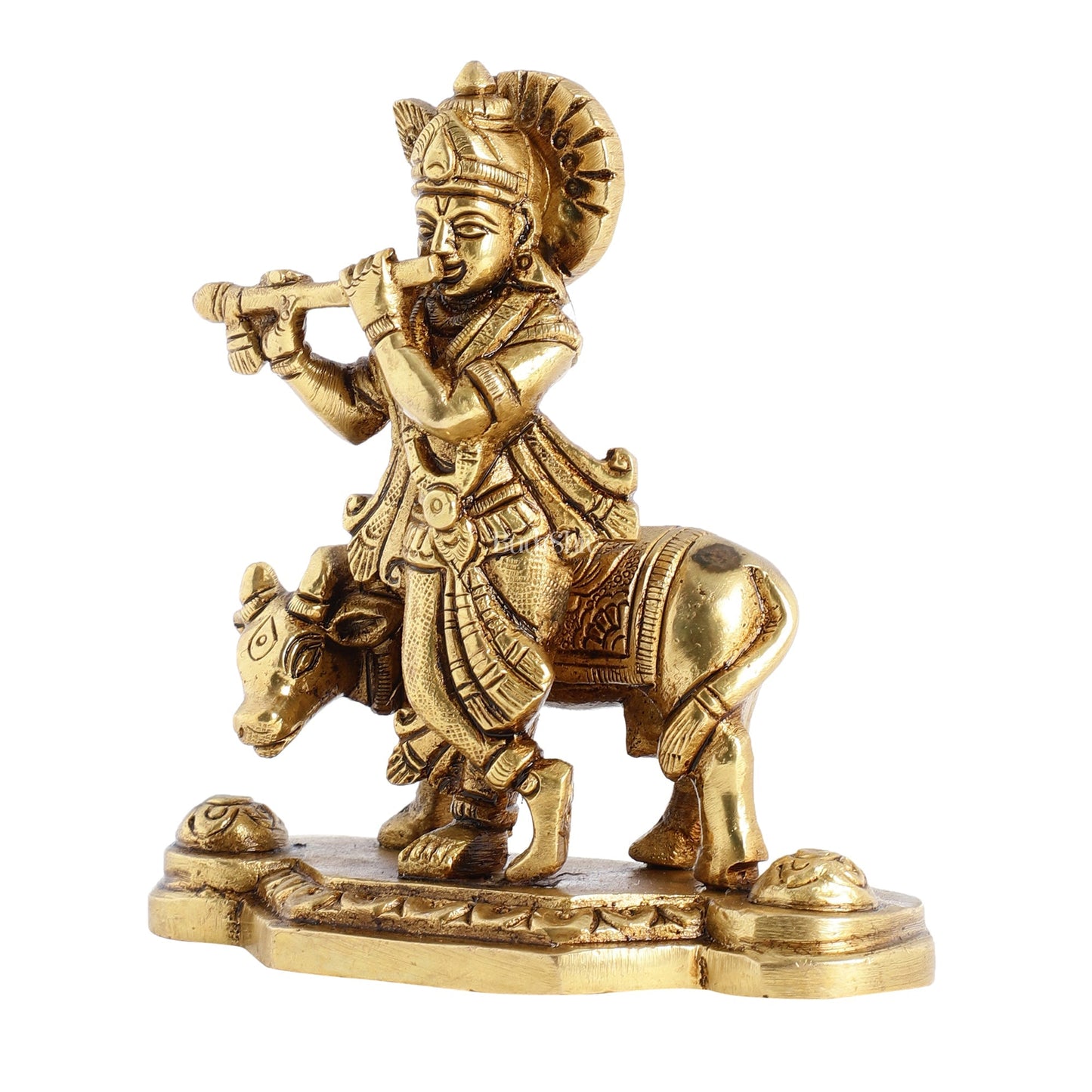 Superfine Brass Lord Krishna with Cow Idol - 4.25 inch