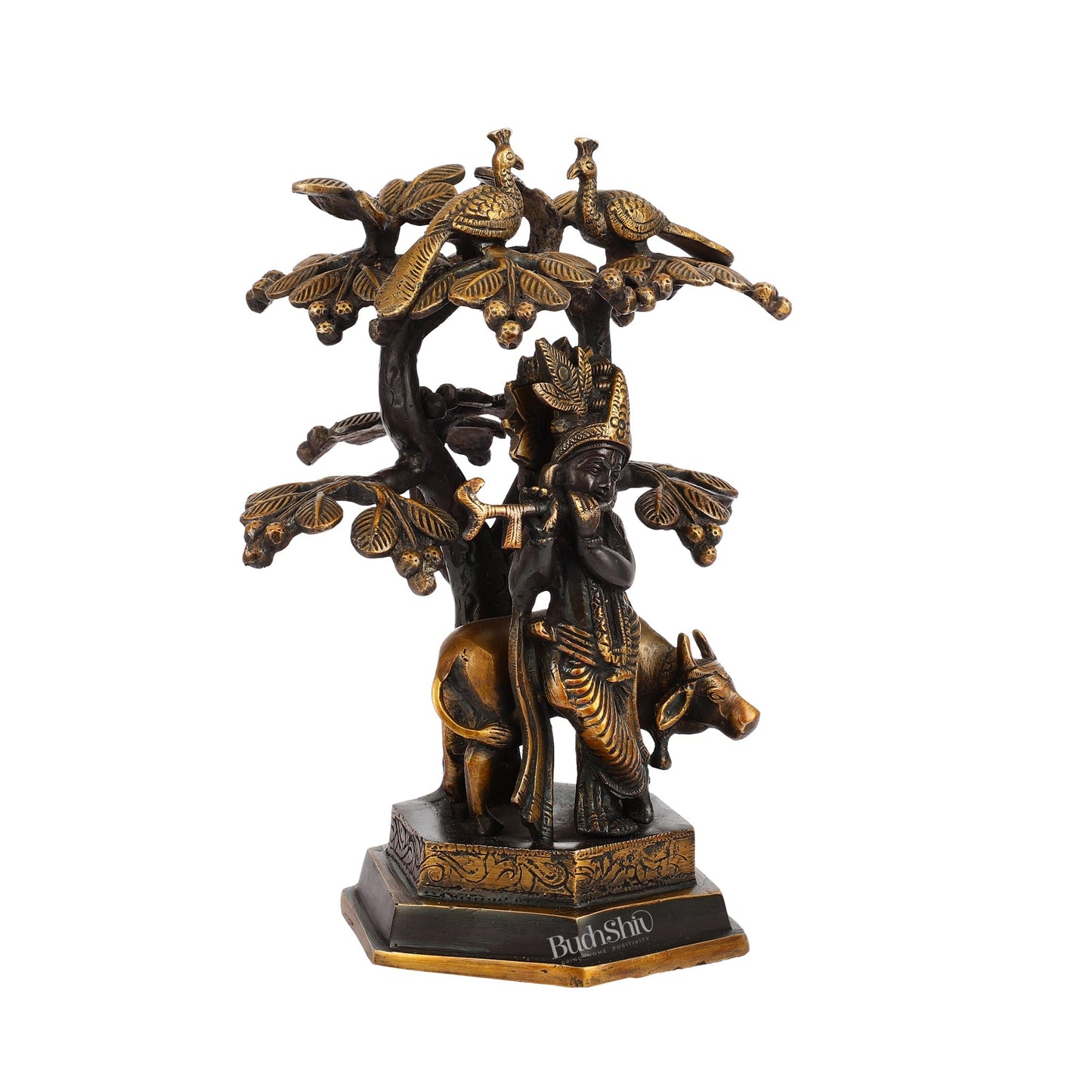 Superfine Brass Lord Krishna with Cow Under Kalpavriksha Tree Idol | Height 11 inch