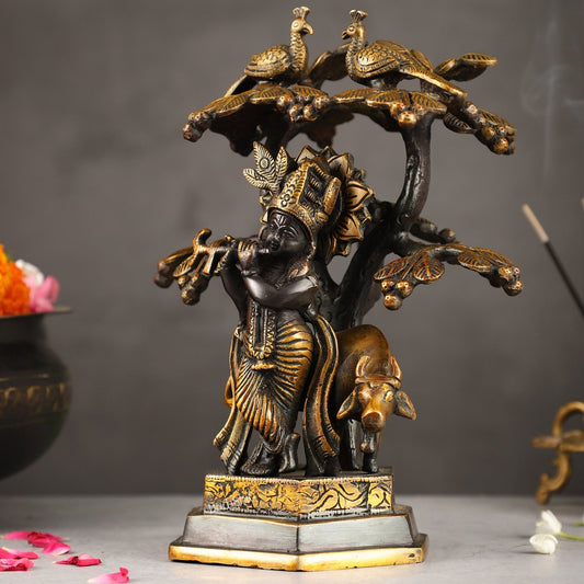 Superfine Brass Lord Krishna with Cow Under Kalpavriksha Tree Idol | Height 11 inch