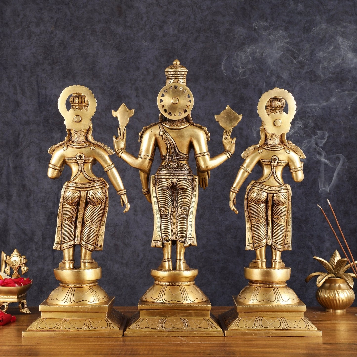 Superfine Brass Lord Tirupati Balaji with Bhudevi and Shreedevi Idol Set - 18.5"