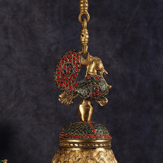 Superfine Brass Peacock Bell with Stonework | 8 inch Height