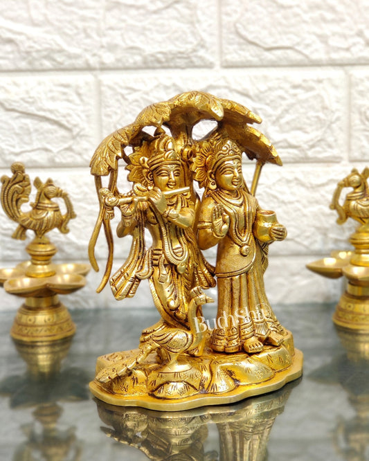Superfine Brass Radha Krishna Idol - Under Kalpavriksha with Peacock 8 inch