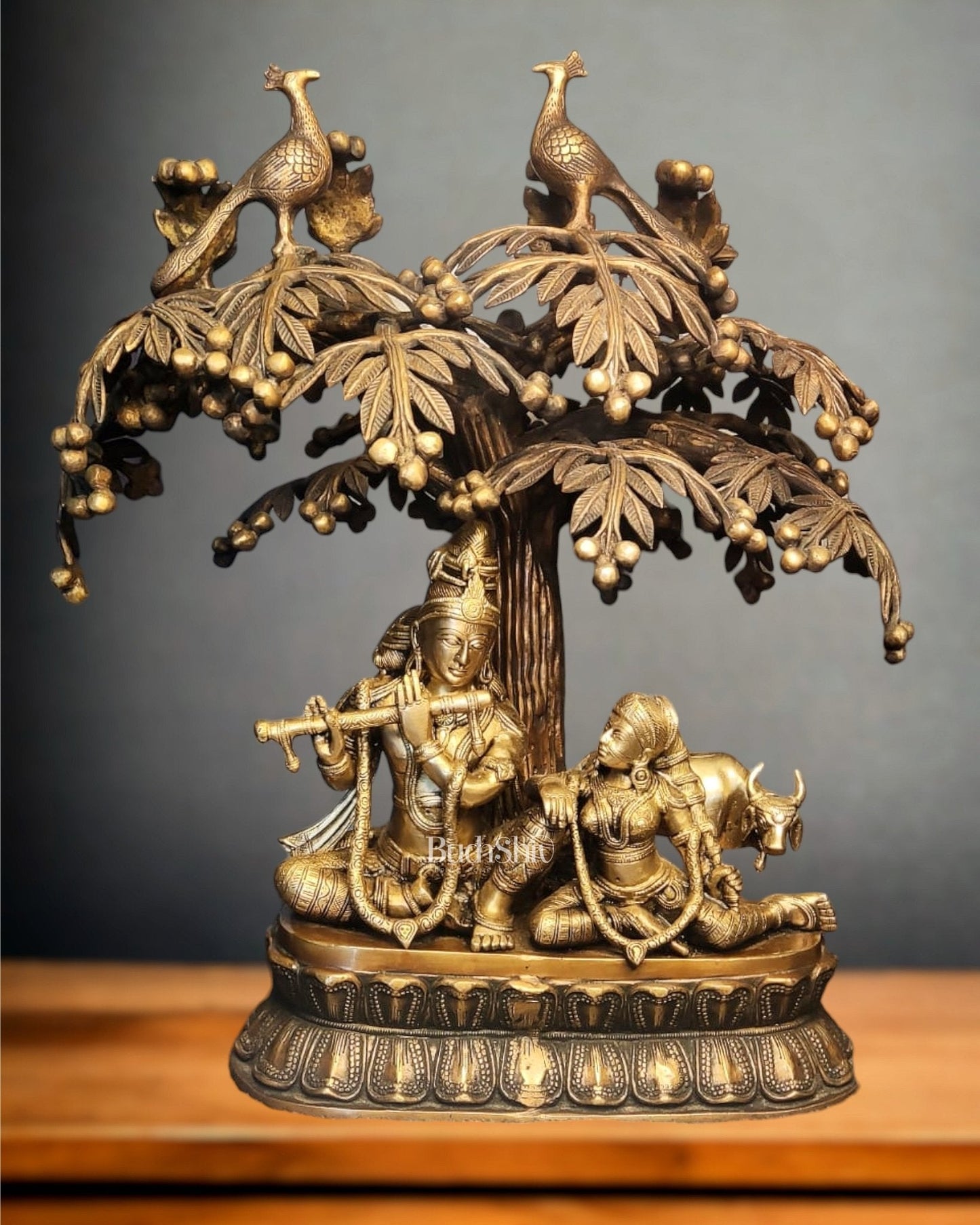 Superfine Brass Radha Krishna with Cow and Tree - 24 inch