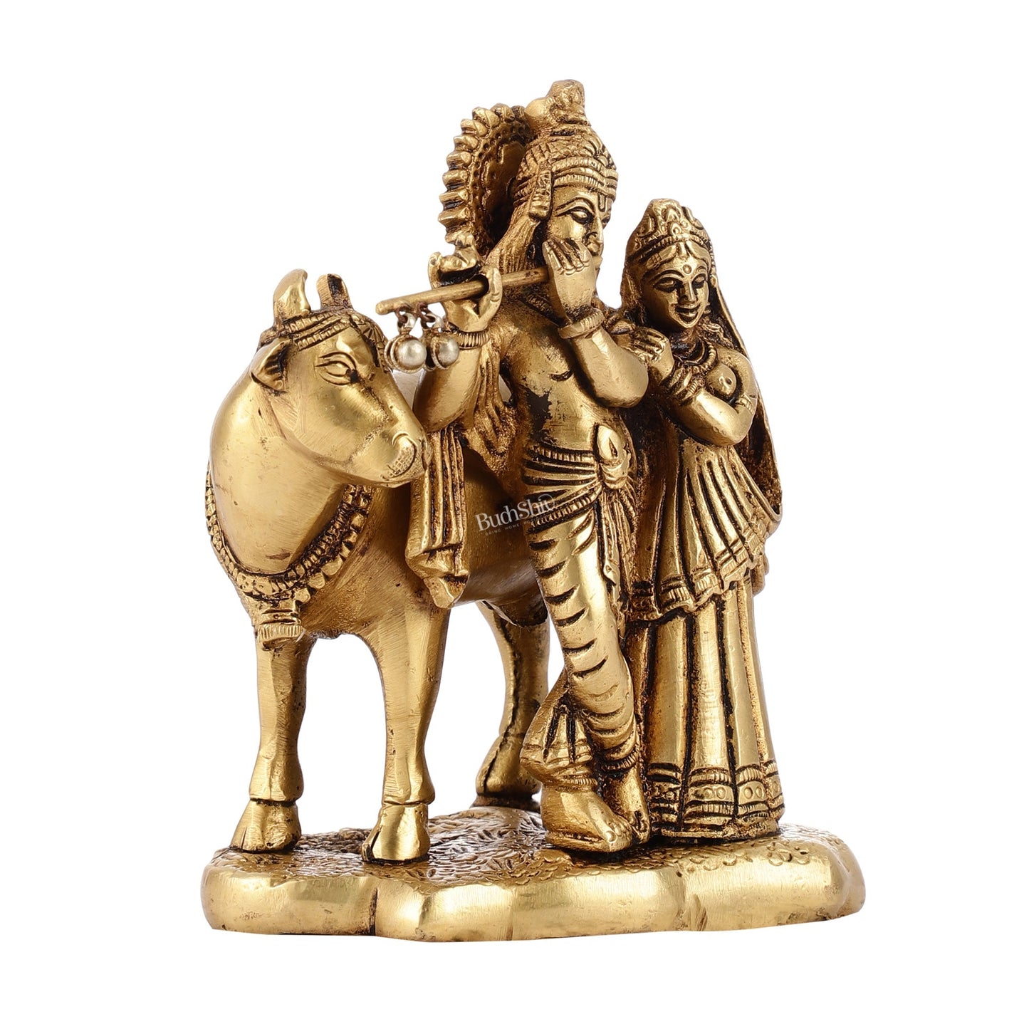 Superfine Brass Radha Krishna with Cow Idol Murti | Height 5.5 inch