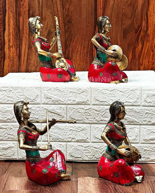 Superfine Brass Set of 4 Tribal Lady Musicians - 11 Inch