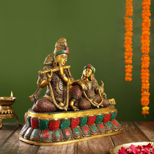 Superfine Brass sitting Radha Krishna with Cow 14 inch