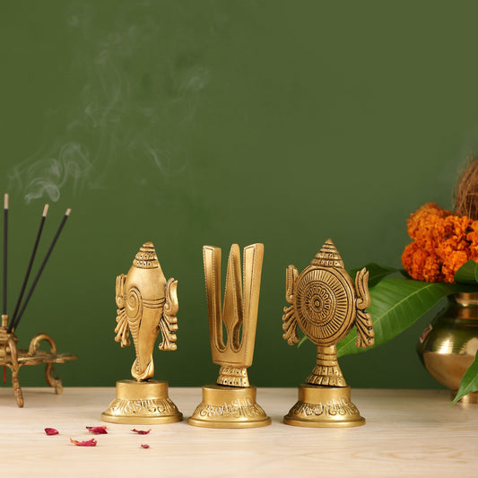 Superfine Brass Symbols of Lord Tirupati Balaji - Shankh, Chakra, Namah Tilak | 6"