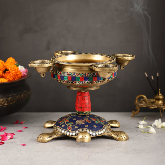 Superfine Brass Tortoise Urli with Diyas 7.5 inch