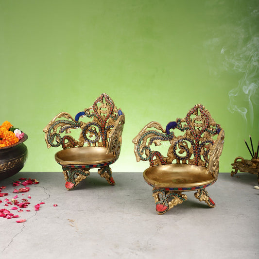 Superfine Brass Urli Lamp with Stonework pair - 9 Inch