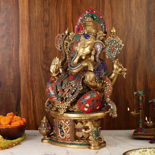 Superfine Handcrafted Brass Ganesha Statue with Rings and Stonework 23 inches