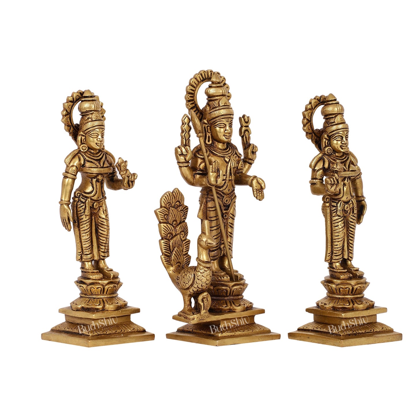 Superfine Handcrafted Brass Lord Murugan with Devasena and Valli Idols | 8" Height